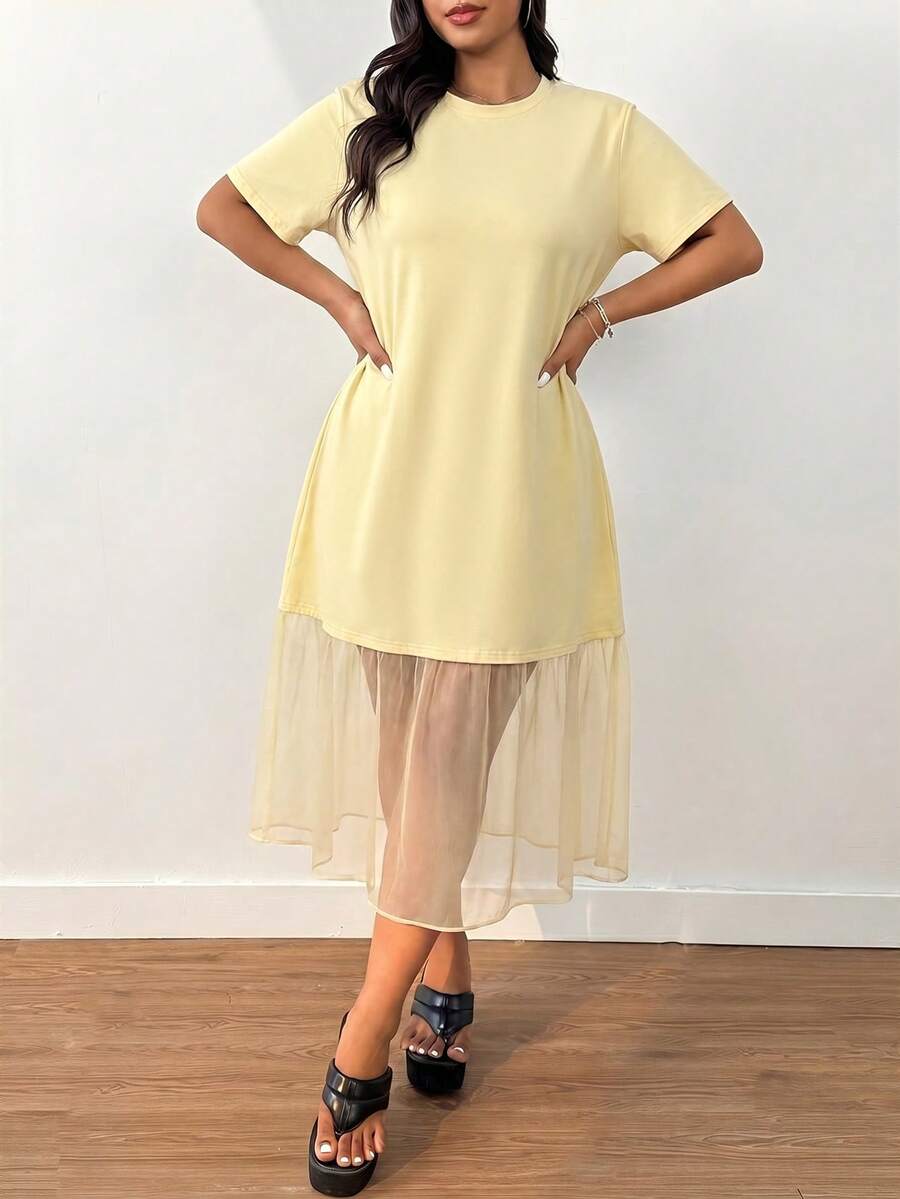 SHEIN EZwear 大码女式纯色圆领短袖宽松网纱连衣裙,春夏款 - 黃色 - 查看 1