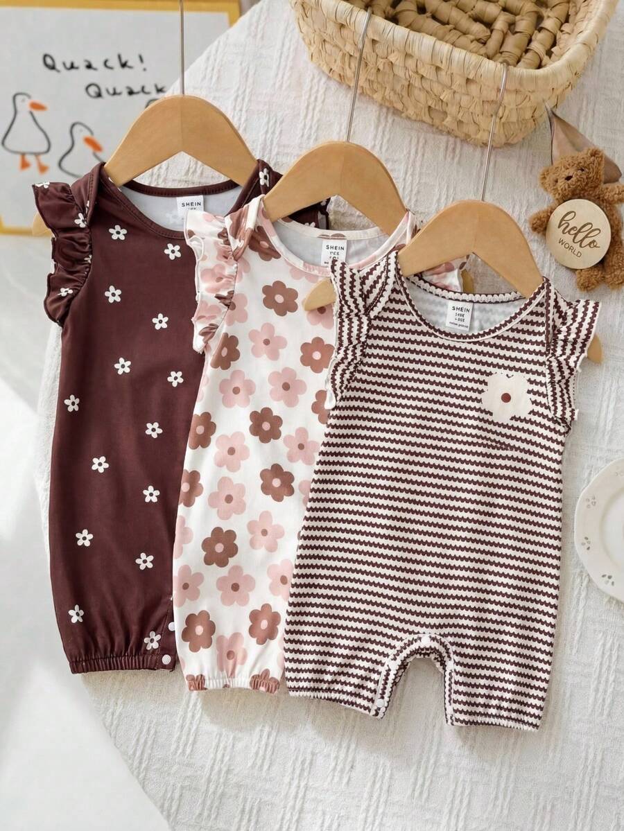 3pcs/Set Newborn Baby Girls' Cute Floral Graphic Round Neck Short Sleeve T-Shirts,All Shades Of Brown,Summer,Family Matching,Stripe,Casual Daily Wear - Brown - View 1