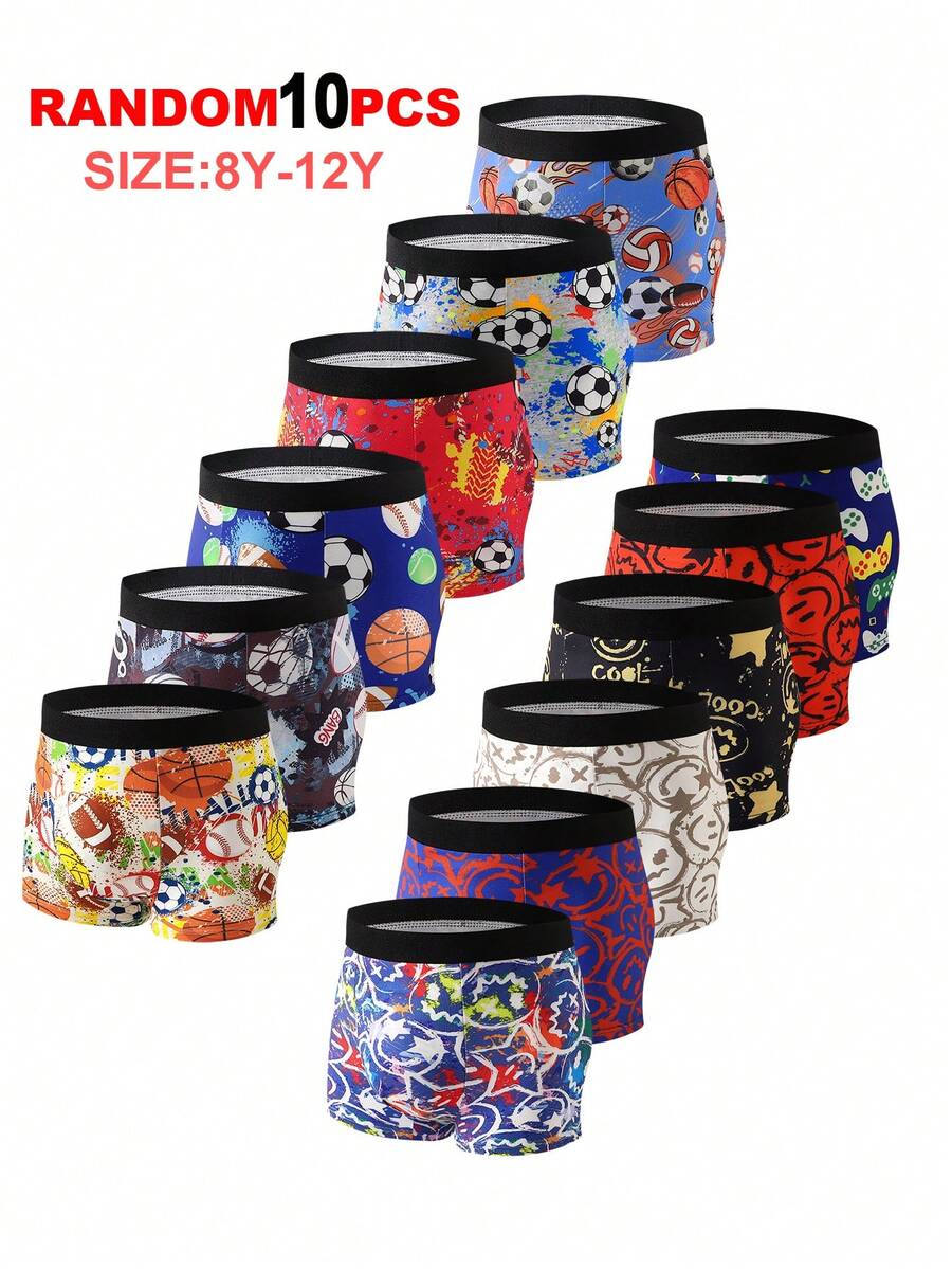 SHEIN 【10套随机】这款男童平角内裤采用色彩鲜艳的卡通恐龙图案和活泼可爱的2D动漫风格插画,柔软轻盈的针织面料,搭配字母印花和艺术泼墨设计,并配有贴身的黑色弹力腰带,带来日常舒适穿着体验,四季皆宜。 - 彩色 - 查看 1