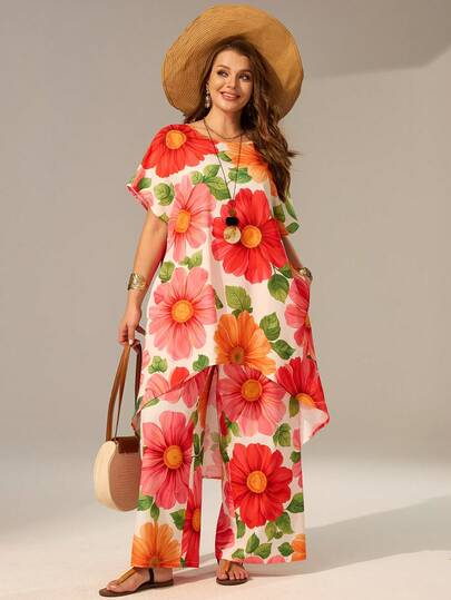 EMERY ROSE Bộ đồ 2 món dành cho nữ cỡ lớn: Áo và quần in họa tiết hoa.