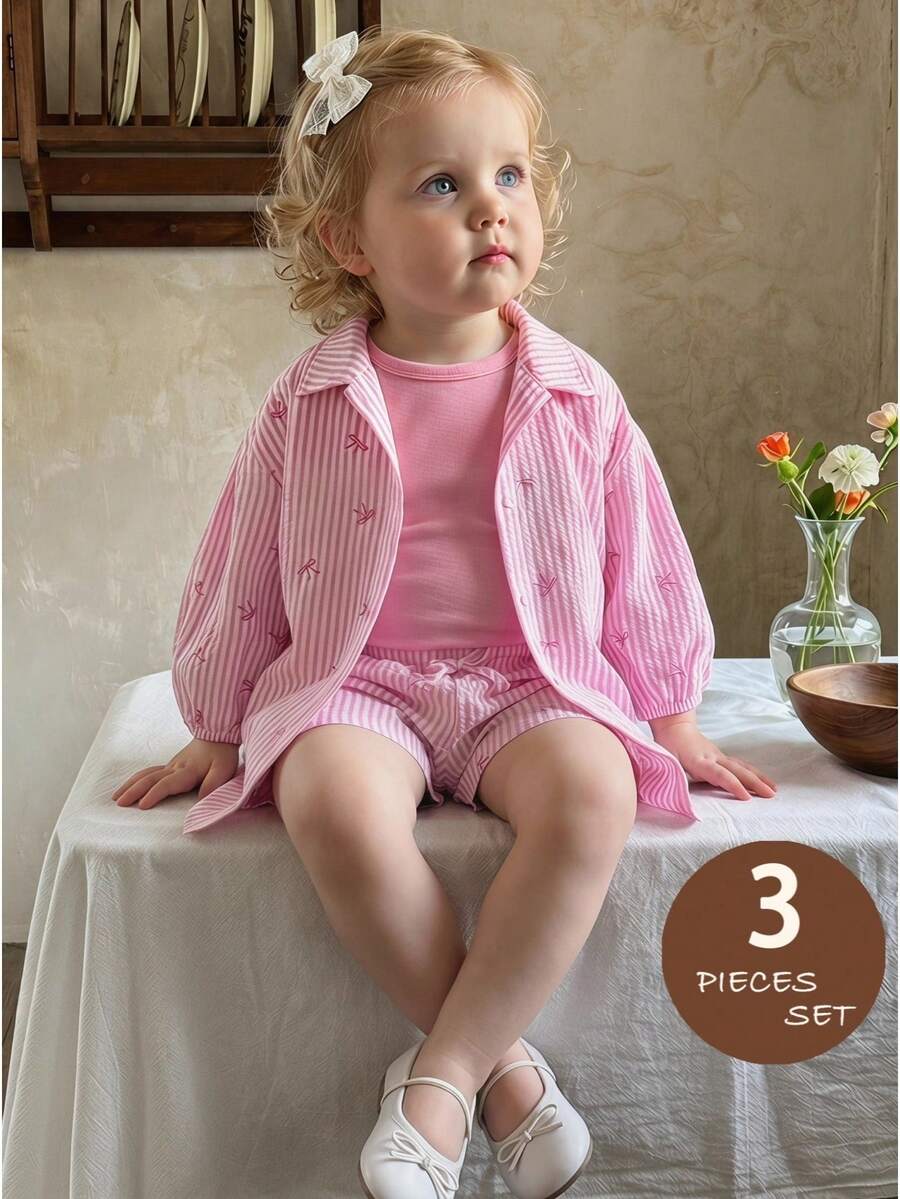 SHEIN Bộ 3 món cho bé gái gồm áo sơ mi kẻ sọc có nơ, áo hai dây và quần short. - Nhiều màu - Xem 1