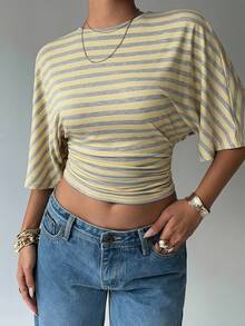 Aloruh Áo croptop nữ màu vàng sọc cổ tròn tay cánh dơi xếp ly, kiểu dáng thời trang, áo sơ mi sọc mùa hè, áo sọc đa năng. - Màu vàng - Xem 4