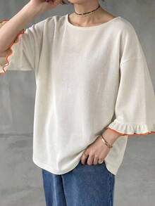 FRIFUL Women's Casual Striped Loose T-Shirt, Versatile For Spring And Summer - Apricot - View 2