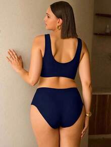 Swim Chiccia 大码女式夏季沙滩纯色金属贝壳装饰性感比基尼泳装套装 - 藏蓝色 - 查看 3