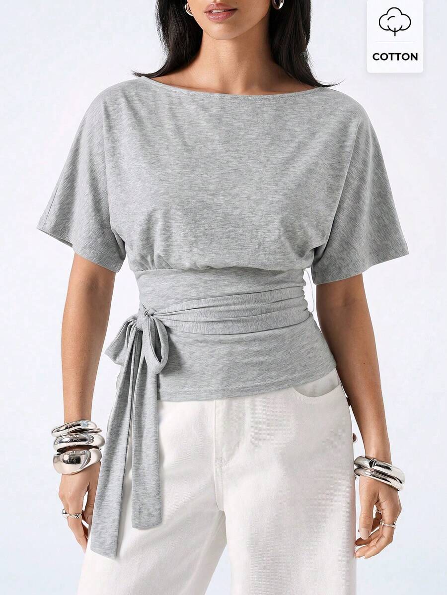 LYSMO Women's Casual Solid Color Bat Sleeve Pleated Twist Fitted T-Shirt, Summer,Summer Top - Dark Grey - View 1