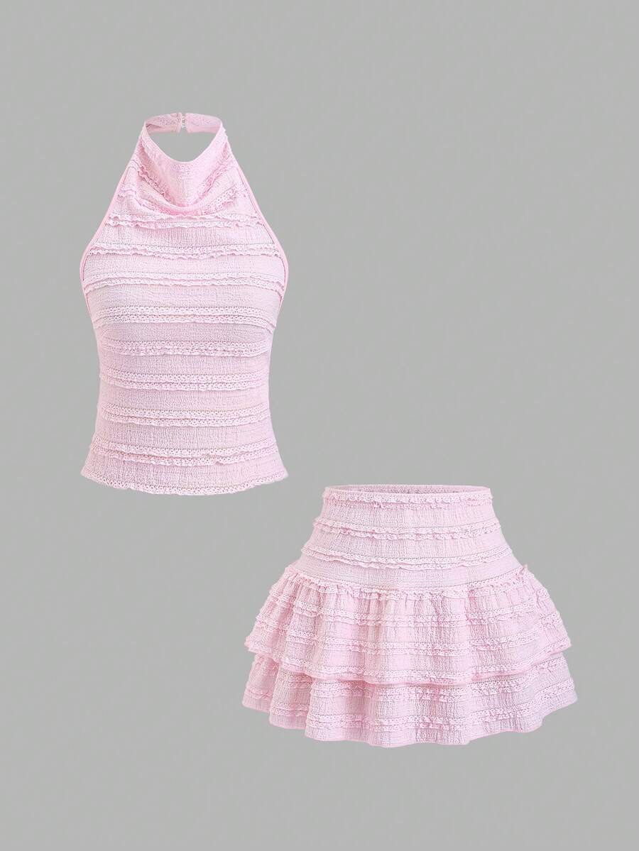 SHEIN Sweetro 2026春夏新款纹理吊带背心和迷你裙两件套，甜美时尚，适合外出和聚会 - 粉色 - 查看 1