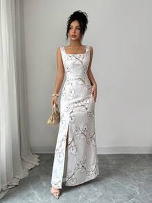 Elenzga New Arrival Square Neck Sleeveless Textured Jacquard Dress, Paired With Open Back Bow Design, Elegant Fitted Party Dress - Multicolor - View 7