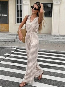 Serisse Bộ áo liền quần không tay cổ chữ V in họa tiết kẻ caro dành cho nữ - Nhiều màu - Xem 10