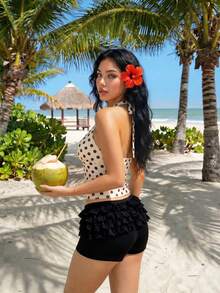 Sweetina Sexy lässige Spitzen-Rüschen-Saum Ultra-Taille Mini-Shorts - Schwarz - Übersicht 2