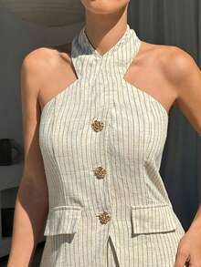 Lavishia 女士亚麻裤装套装，舒适优雅，适合通勤，无袖上衣和裤子套装 - 米色 - 查看 8