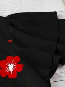 Linhara Blus Linen Campuran Leher V Motif Bunga Prancis Boho Elegan dengan Lengan Berkerut, Cocok untuk Perjalanan, Kasual, Liburan, Ukuran Besar, Warna Hitam, Musim Panas - Hitam - View 7