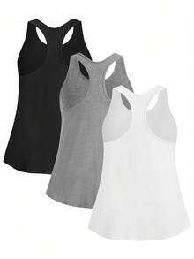 Dewbera Dewbera Plus Size Women Summer Solid Color Casual Round Neck Sporty Tank Top 3-Piece Set - Multicolor - View 2