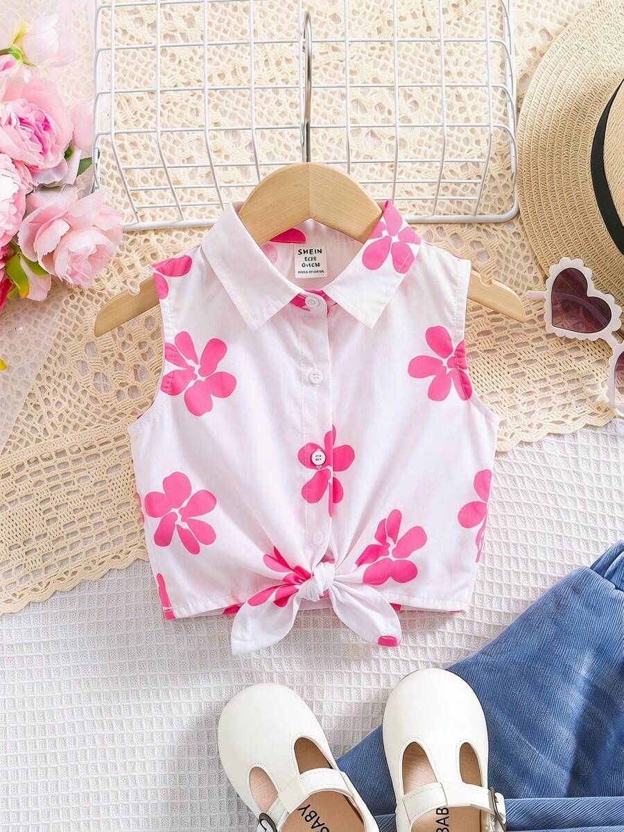 SHEIN Young Girl Sleeveless Ditsy Floral Casual Shirt - White - View 1
