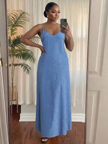 SHEIN Lady CURVE 春夏休闲全身蓝色仿牛仔沙滩吊带舞会礼服吊带裙加大码连衣裙格子裙非洲风情连衣裙，女士派对连衣裙 - 藍色 - 查看 5