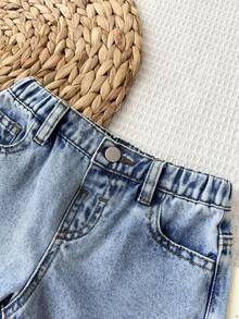 Young Girl' Strawberry Embroidery Blue Denim A-Line Shorts - Light Wash - View 7
