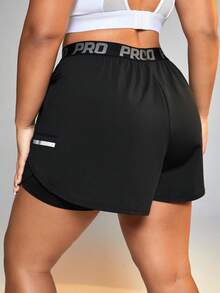 SHEIN Sports 女式加大码字母印花抽绳腰带运动短裤带口袋飘逸短裤毛衣短裤 - 黑色 - 查看 2