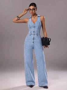 SHEIN TRNDY Bộ jumpsuit denim cổ chữ V dáng thường ngày dành cho nữ - Rửa nhẹ - Xem 10