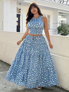 SHEIN EZwear 大码女式夏季雏菊印花修身露脐背心和迷你裙两件套 - 彩色 - 查看 9