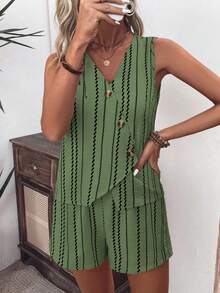 EMERY ROSE Ladies Weave A Casual Striped Summer Two Pieces Set - Green - View 5