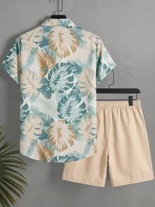 Surfspeed Men's Tropical Plant Print Button-Up Short Sleeve Shirt And Drawstring Waist Pocket Shorts Set,Beige Summer Boho Beach Holiday Holiday Hawaii Swim - Multicolor - View 3