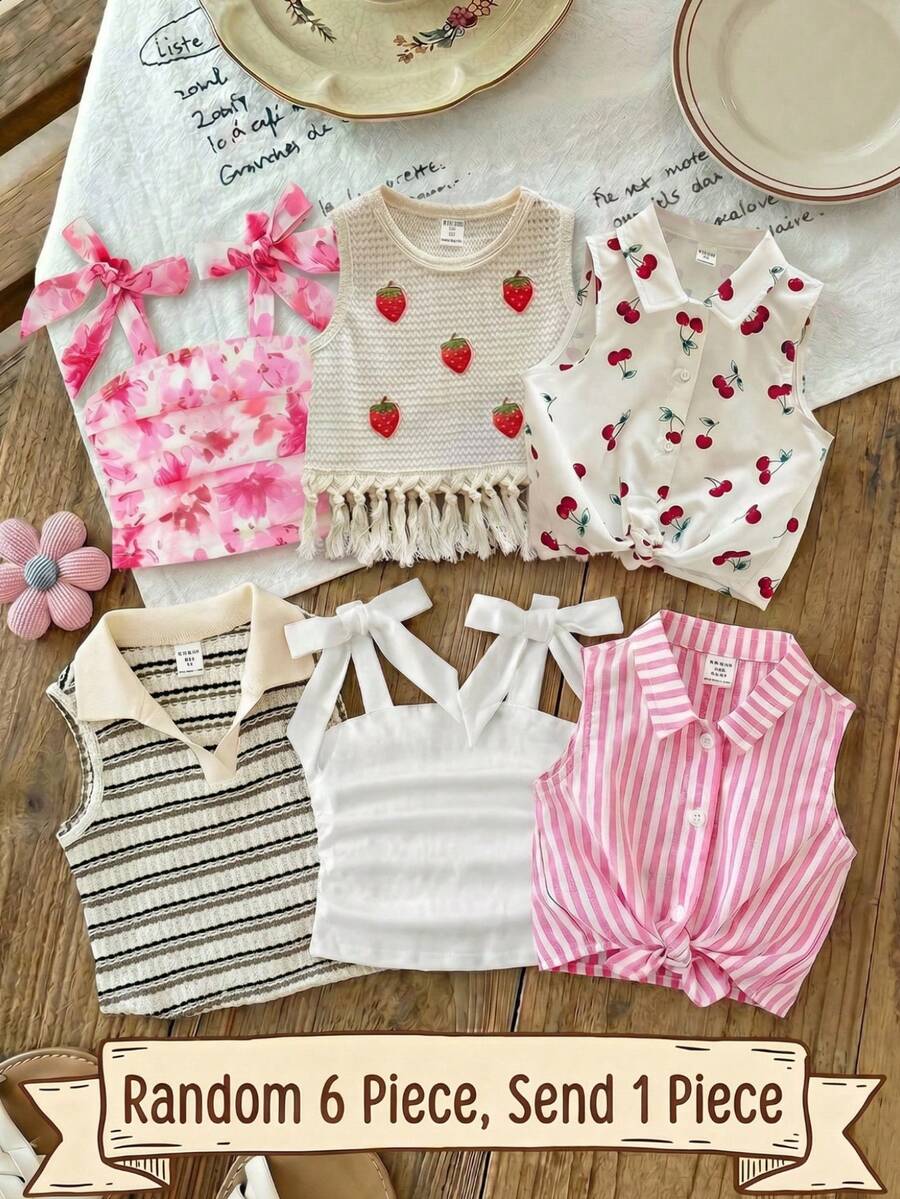 SHEIN Little Byeori 【随机6件,送1件】惊喜盒!!!!30%概率随机获得2件休闲背心、柔软夏季上衣、衬衫、夏季服装、短裤、背心、吊带背心、抹胸、束身衣、内衣、白色上衣、度假可爱上衣、少女无袖柔软上衣、夏季上衣、夏季短裤、背心。 - 白色 - 查看 1