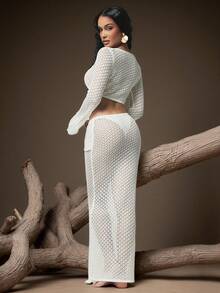 Hauture Women's Hollow-Out Sexy Casual Metal Decor Sweater Two Pieces Set, Spring/Summer - Apricot - View 1