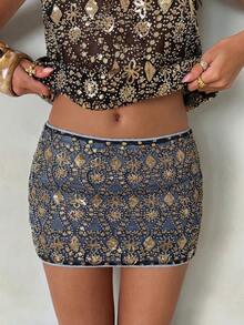 Glamine Women's Floral Sequin Skirt, Suitable For Party Occasions Royal Blue Autumn A Line Seksi - Blue - View 7