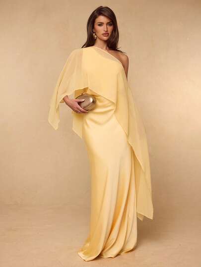 SHEIN BAE Đầm satin màu vàng kem trơn, dáng ôm, thích hợp cho mùa xuân và hè, kết hợp với khăn choàng vai bất đối xứng, kiểu dáng thanh lịch cho tiệc cưới, dự tiệc cocktail hoặc trang phục dự đám cưới.