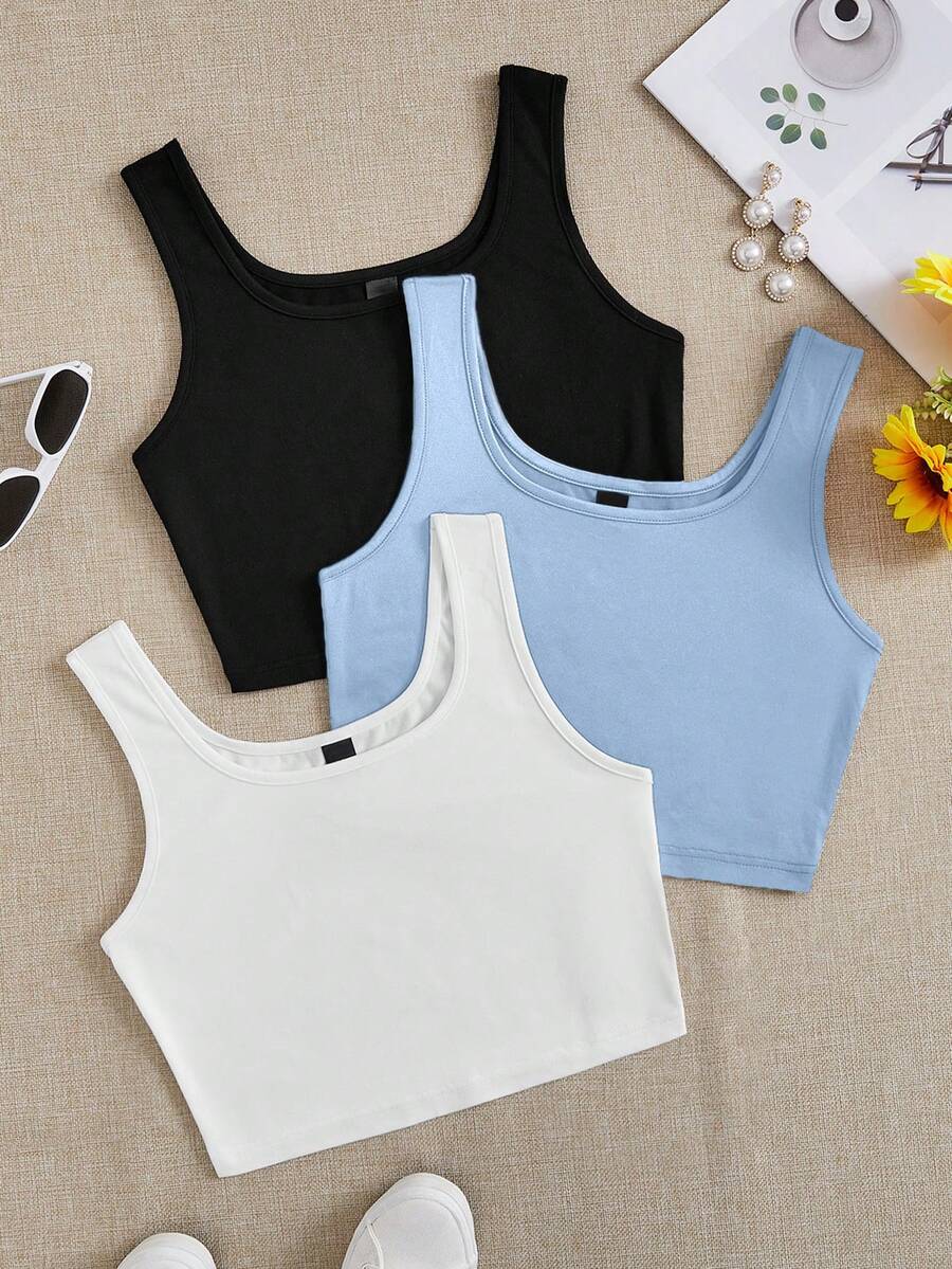 SHEIN EZwear 三件套黑色、浅蓝色、白色圆领露脐休闲背心,修身款式,适合夏季穿着 - 彩色 - 查看 1