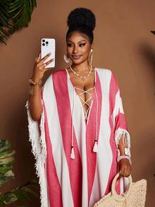 Maweii Plus Size Brown V-Neck Fringe Robe Summer Boho Vacation Holiday Loose Tie-Waist Tassel Hem Beach Resort Dress - Multicolor - View 3