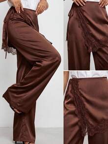 SHEIN EZwear Pantalones casuales de mujer con parches de encaje anudado en color café - Café integral - Ver 1
