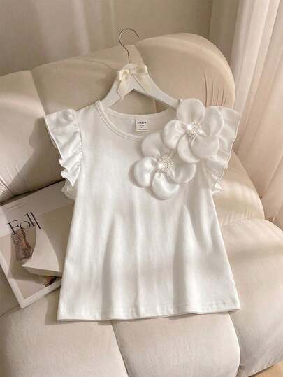 SHEIN قميص كاجوال بتصميم زهري ثلاثي الأبعاد مع كشكشة للفتيات المراهقات، تصميم زهري جذاب