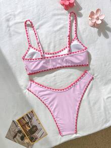 Swim Mod 女士沙滩套装 - 浅黄色底色，饰以柔和粉色花卉印花，搭配灰粉色撞色滚边，性感超迷你比基尼，时尚休闲度假装，甜美可爱又性感的女士泳装套装 - 粉色 - 查看 4
