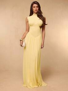 SHEIN BAE Đầm xòe không tay, cổ bẻ, xếp ly eo, màu vàng nhạt trơn, thanh lịch, thích hợp cho những buổi hẹn hò lãng mạn, kỳ nghỉ biển, dã ngoại hoặc dự đám cưới. - Màu vàng - Xem 3