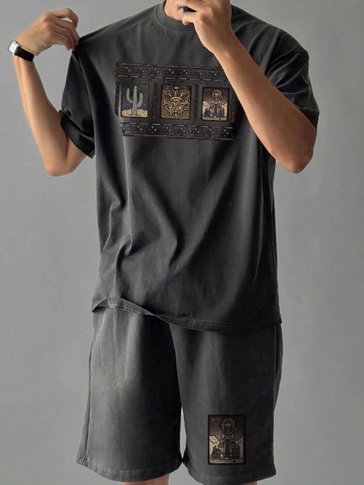 Grey Letter Print Short Sleeve T-Shirt Paired With Washed Shorts, Men 2-Piece Set