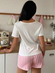 SHEIN 甜美条纹蝴蝶结装饰短袖女士睡衣套装 - 彩色 - 查看 2