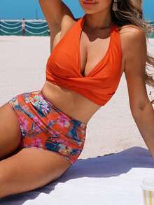 Swim Lushoire Women's Summer Beach Tropical Plant Print Halter Tie Sexy Bikini Swimsuit Set - Burnt Orange - View 6