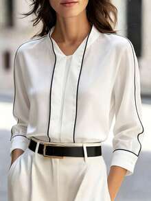 SHEIN LUNE Blusa donna colorblock, camicia casual business, collo a lupetto, elegante e versatile, adatta per l'ufficio e occasioni casual, adatta per autunno, inverno e primavera - Bianco - Visualizzare 8