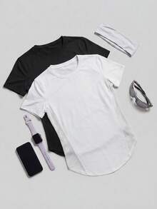 SHEIN Cheerettes Women's Solid Color Short Sleeve Casual Fitness Outdoor T-Shirt - Multicolor - View 1