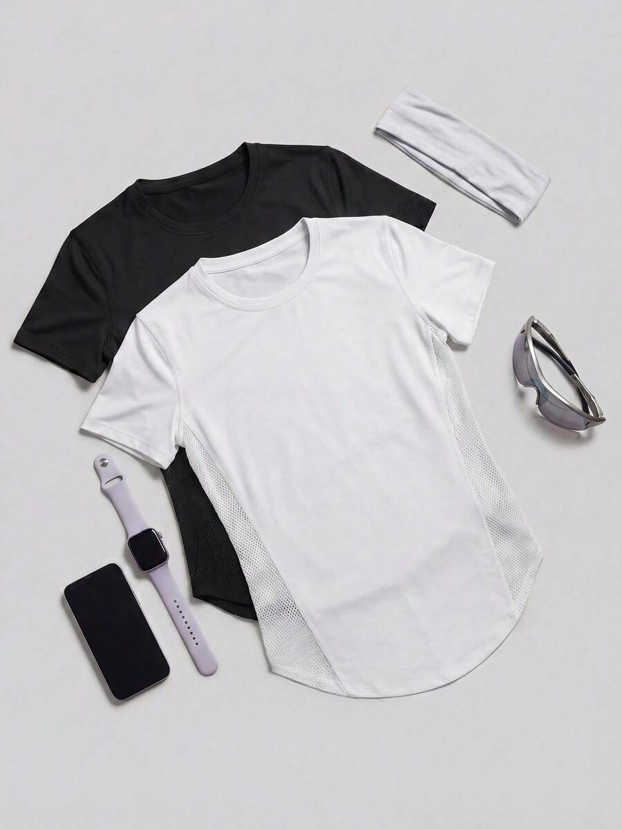 SHEIN Cheerettes Women's Solid Color Short Sleeve Casual Fitness Outdoor T-Shirt - Multicolor - View 1