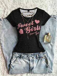 Millennium Polka Dot Letter Print Crew Neck Short Sleeve T-Shirt - Black - View 3