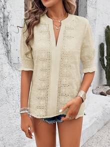 EMERY ROSE Blusa de mujer con escote en V bordada y manga corta - Albaricoque - Ver 3