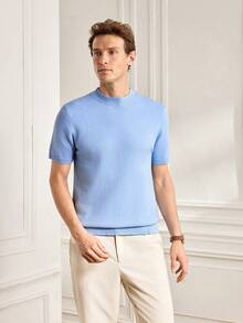 Officeau Men's Casual Solid Color Round Neck Short Sleeve Knit Top, Versatile For Summer - Dusty Blue - View 6