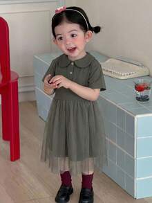 Dazy Kids Vestido casual de cuello redondo de malla y parches para niñas bebé de longitud media - Gris - Ver 7