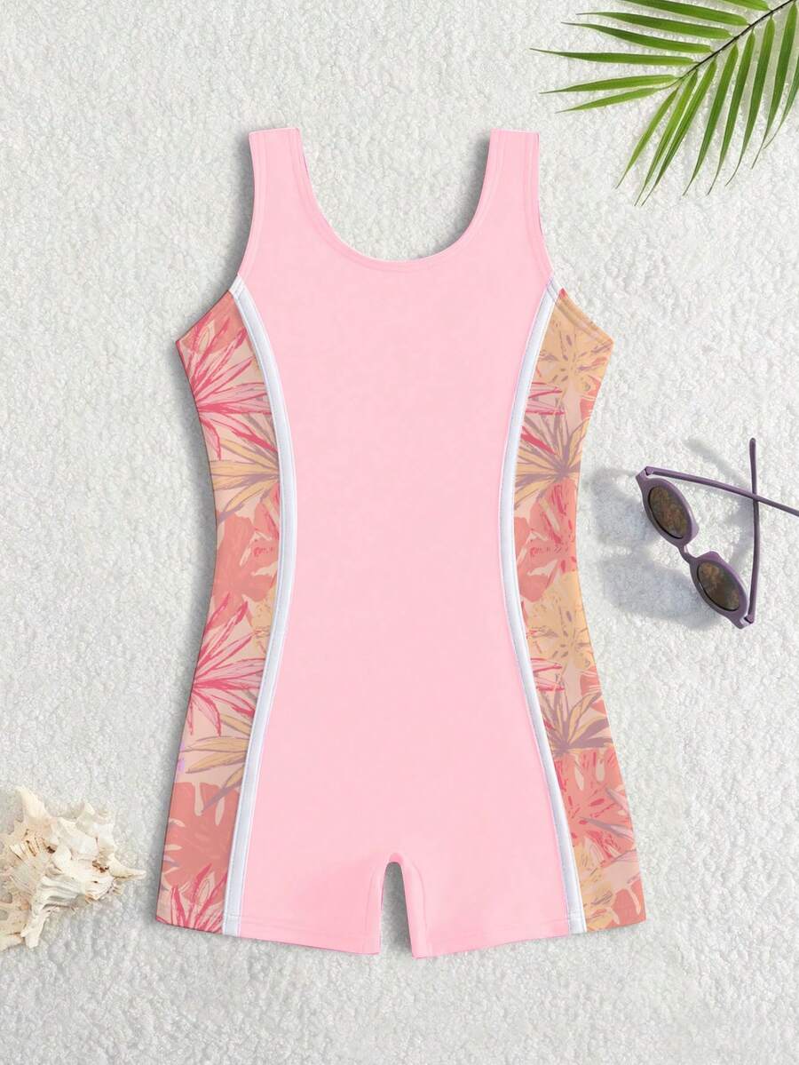 SHEIN 少女夏季度假拼接碎花无袖连体泳衣 - 淺粉色 - 查看 1