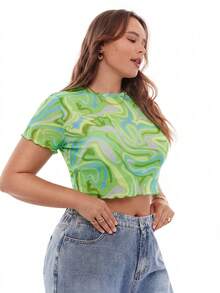Solavibe Plus Size Women Marble Print Round Neck Short Sleeve Cropped Top - Green - View 5