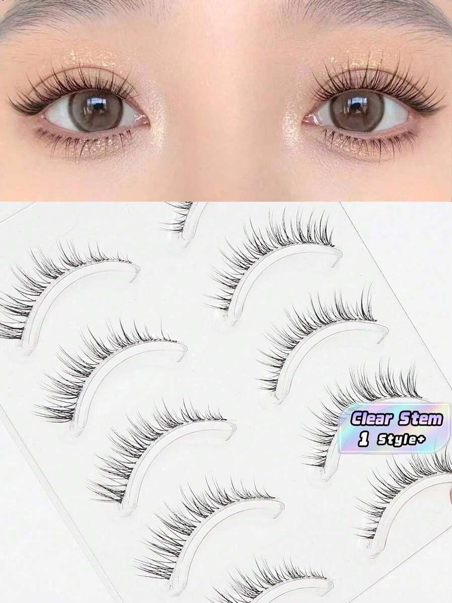 5 Cặp lông mi giả hiệu ứng tự nhiên, thân trong suốt, mềm mại, cong nhẹ, kiểu dáng truyện tranh, dày dặn, giúp trang điểm hàng ngày và làm to mắt. - màu đen - Xem 1