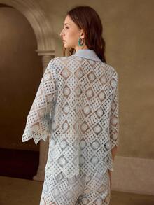 MOTF PREMIUM ELEGANT TROPICAL WOMEN'S COLLARED BELL SLEEVE CROCHET SHIRT, FOR SPRING-SUMMER VERSATILITY FOR SPRING WEDDINGS VACATION, GARDEN PARTIES, LIGHT BLUE - Baby Blue - View 4