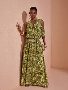 JIAN LASALA Multi Print Chiffon Loose Maxi Dress V Neckline Cold Shoulder - Multicolor - View 7
