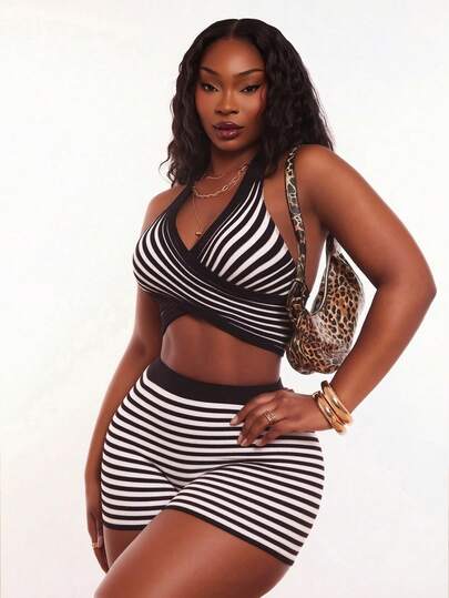 Radiana Plus Size Women's Spring&Summer Sexy Casual Elegant Black And White Striped Cropped Knitted Halter Tops And Shorts Set,Suitable For Leisure,Everyday Wear,Versatile,Street Style